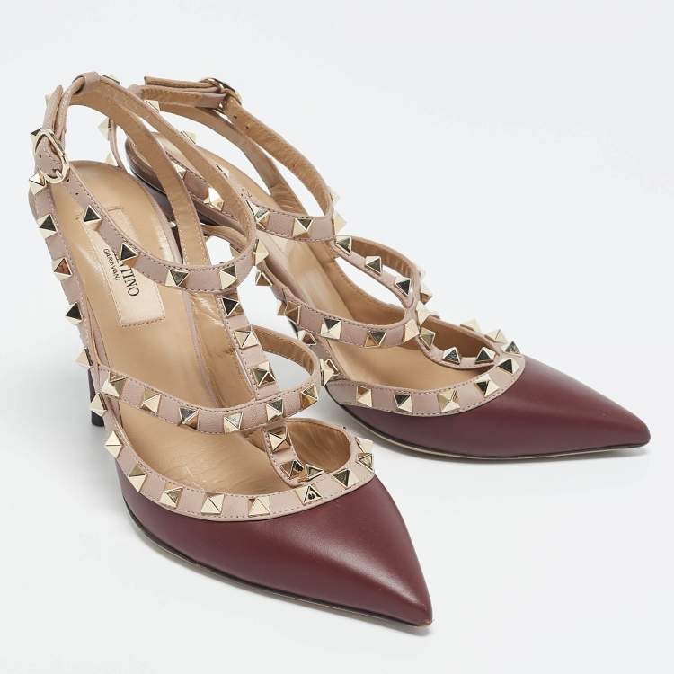 Pre Owned Valentino Burgundy /Beige Leather Rockstud Caged Pumps Size 37