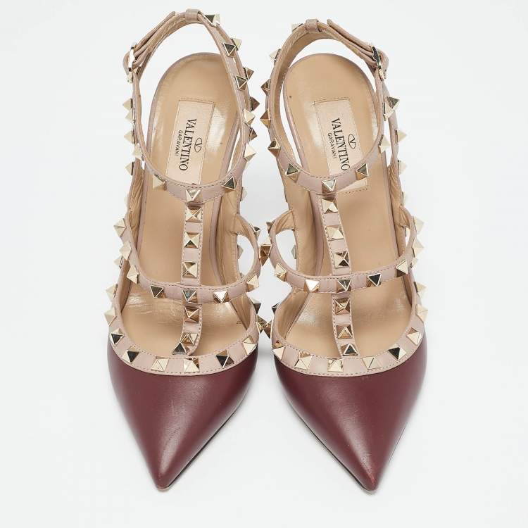 Pre Owned Valentino Burgundy /Beige Leather Rockstud Caged Pumps Size 37