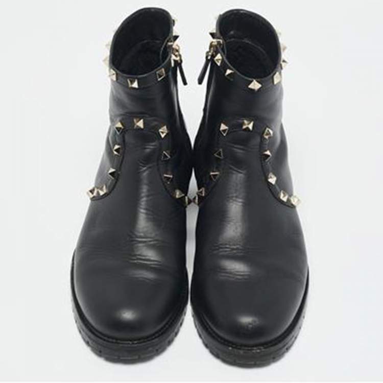 Pre Owned Valentino Black Leather Rockstud Chelsea Ankle Boots Size 39