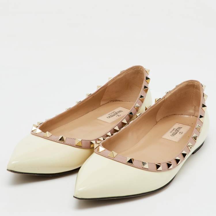 Pre Owned Valentino Off White Patent Leather Rockstud Ballet Flats Size 40