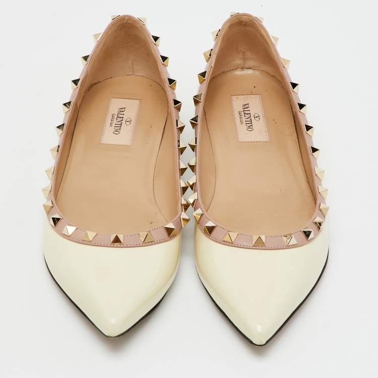 Pre Owned Valentino Off White Patent Leather Rockstud Ballet Flats Size 40