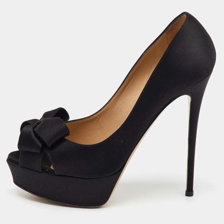Pre Owned Valentino Black Satin Couture Bow Peep Toe Platform Pumps Size 38.5