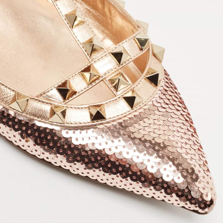 Pre Owned Valentino Rose Gold Sequins and Leather Rockstud Caged Ballet Flats Size 39.5
