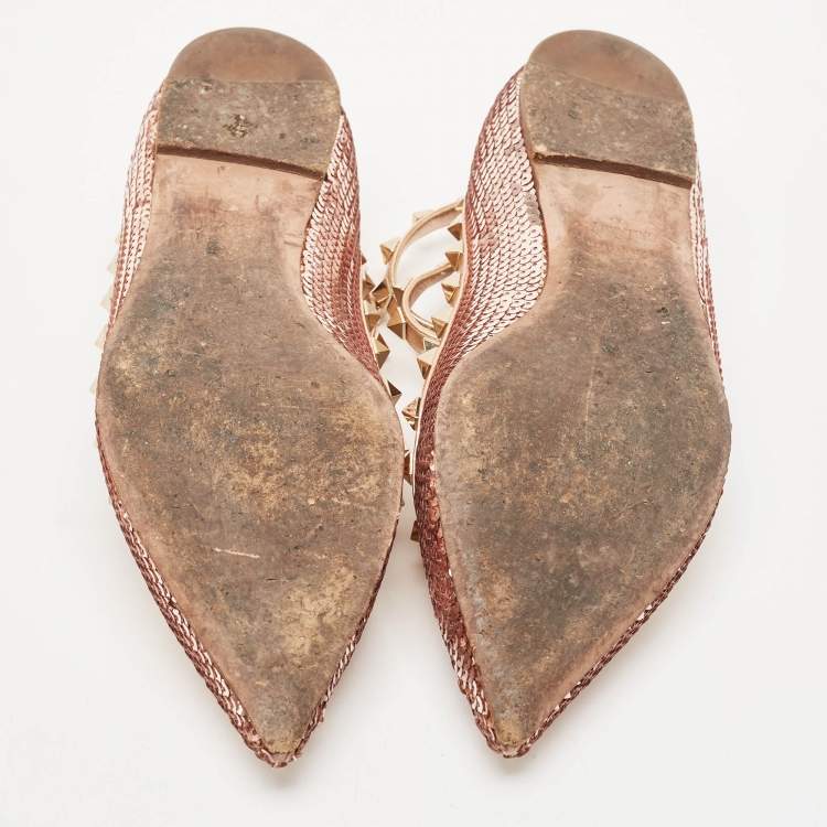Pre Owned Valentino Rose Gold Sequins and Leather Rockstud Caged Ballet Flats Size 39.5
