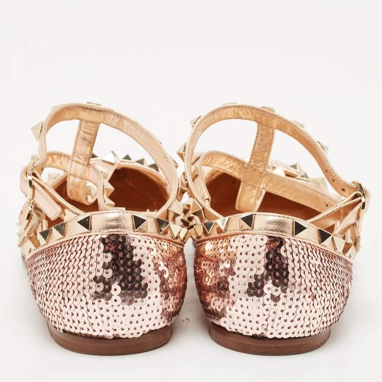 Pre Owned Valentino Rose Gold Sequins and Leather Rockstud Caged Ballet Flats Size 39.5