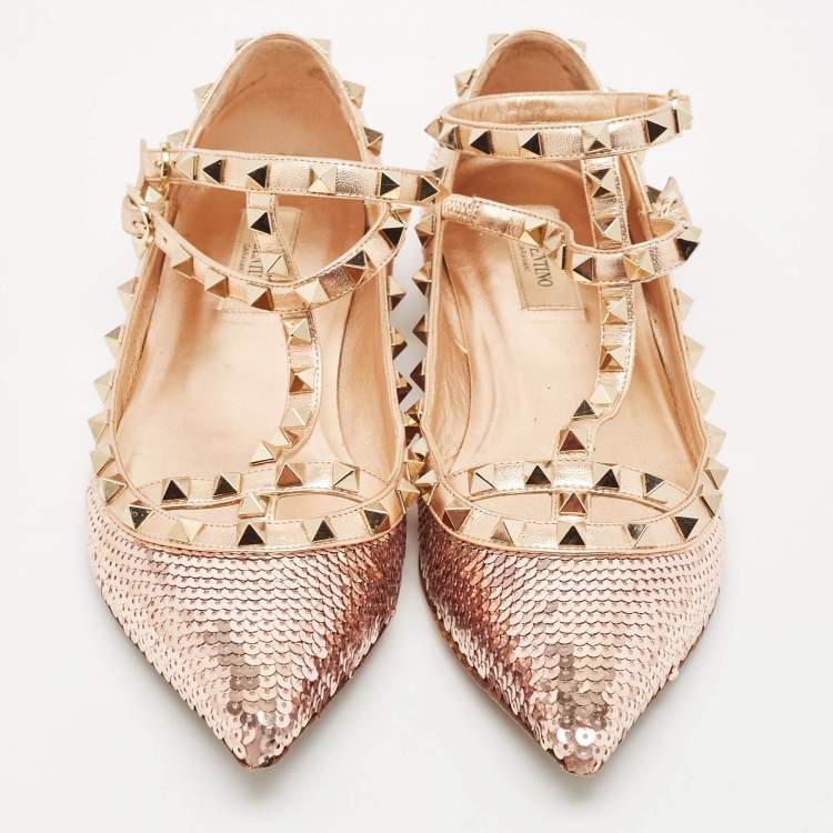 Pre Owned Valentino Rose Gold Sequins and Leather Rockstud Caged Ballet Flats Size 39.5