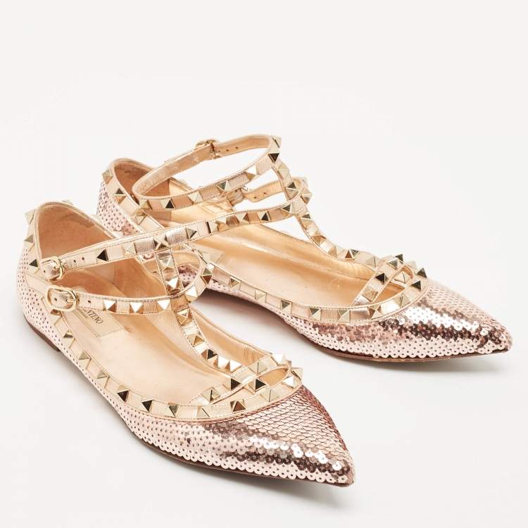 Pre Owned Valentino Rose Gold Sequins and Leather Rockstud Caged Ballet Flats Size 39.5