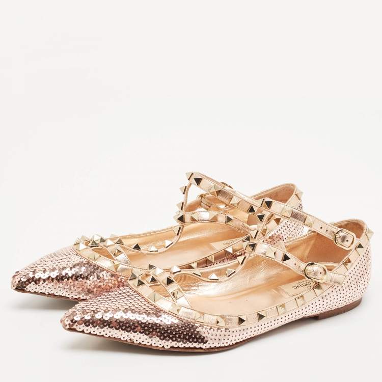 Pre Owned Valentino Rose Gold Sequins and Leather Rockstud Caged Ballet Flats Size 39.5