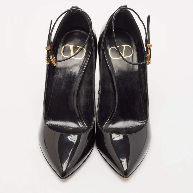 Pre Owned Valentino Black Patent Leather Ankle Strap Wedge Pumps 36