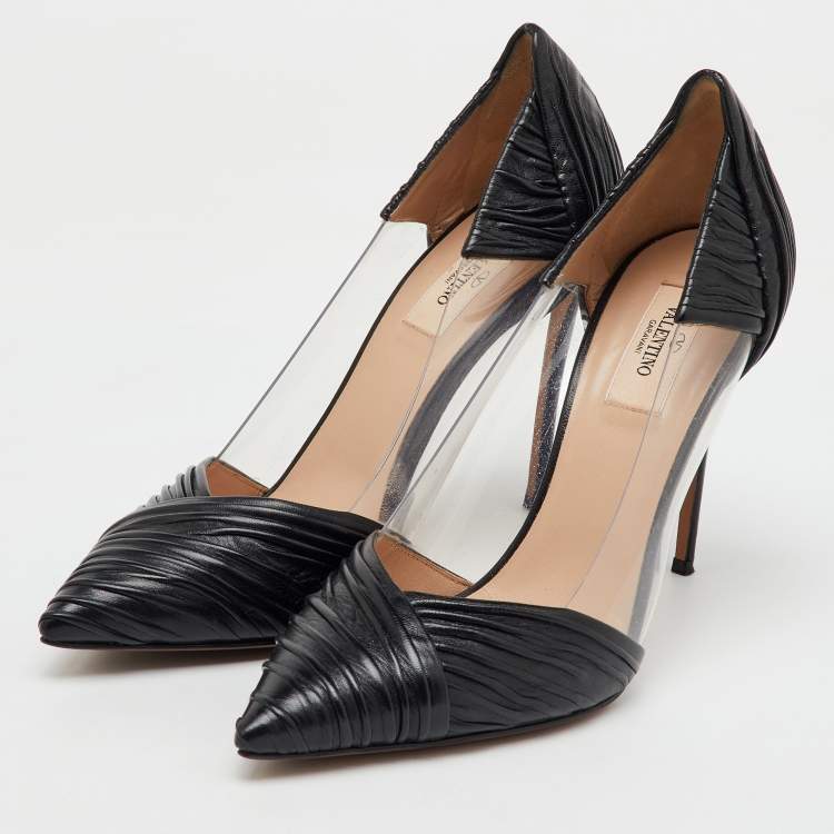 Pre Owned Valentino Black Pleated Leather and PVC B Drape Pointed Toe Pumps Size 40