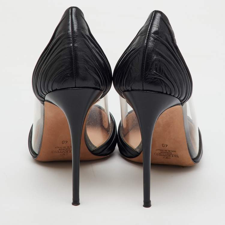 Pre Owned Valentino Black Pleated Leather and PVC B Drape Pointed Toe Pumps Size 40