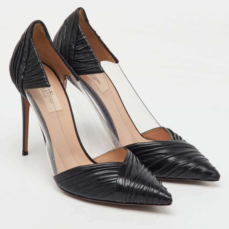 Pre Owned Valentino Black Pleated Leather and PVC B Drape Pointed Toe Pumps Size 40