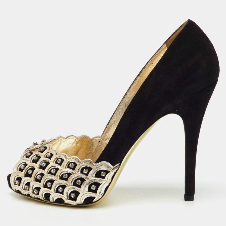 Pre Owned Valentino Black/Gold Suede Crystal Embellished Peep Toe Platform Pumps Size 37.5