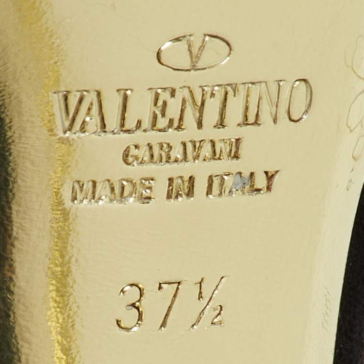 Pre Owned Valentino Black/Gold Suede Crystal Embellished Peep Toe Platform Pumps Size 37.5