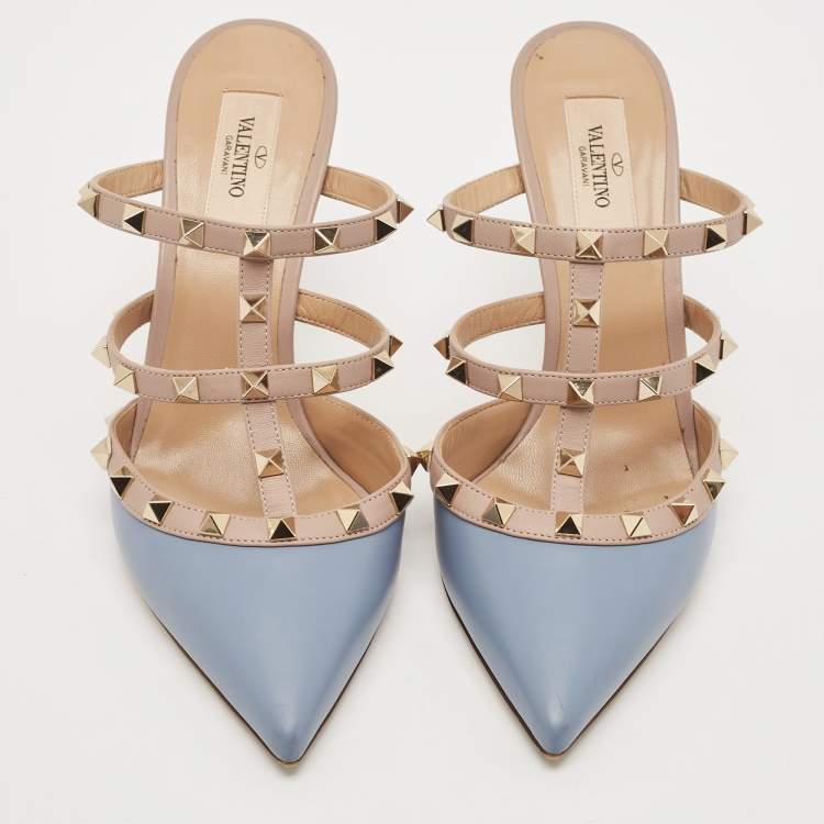 Pre Owned Valentino Blue/Beige Leather Rockstud Slide Sandals Size 39.5