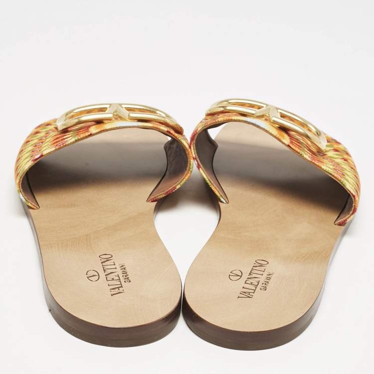 Pre Owned Valentino Multicolor Printed Canvas VLogo Flat Slides Size 40