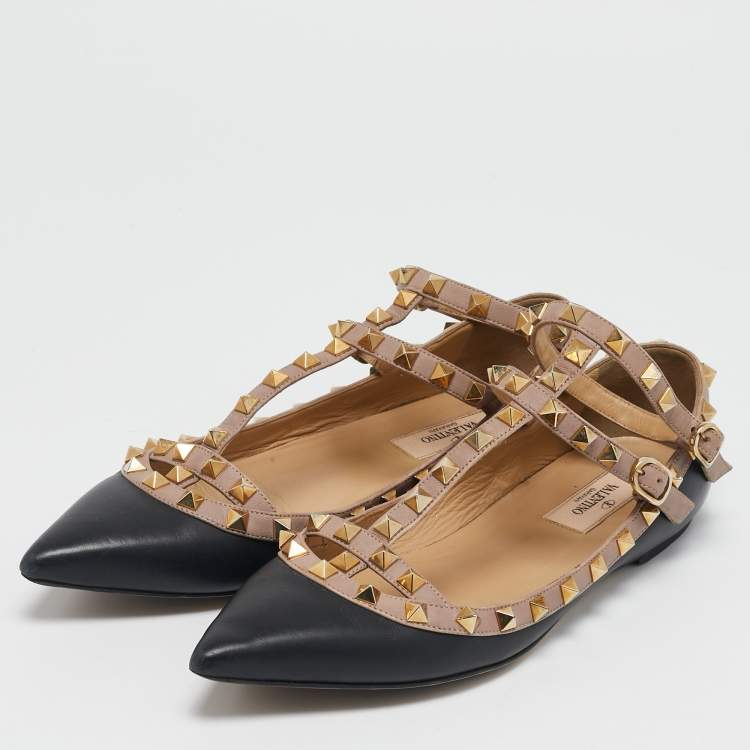 Pre Owned Valentino Black/Pink Leather Rockstud Caged Ballet Flats Size 39