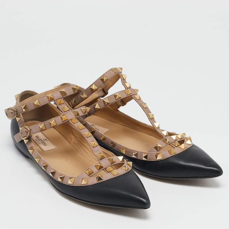 Pre Owned Valentino Black/Pink Leather Rockstud Caged Ballet Flats Size 39
