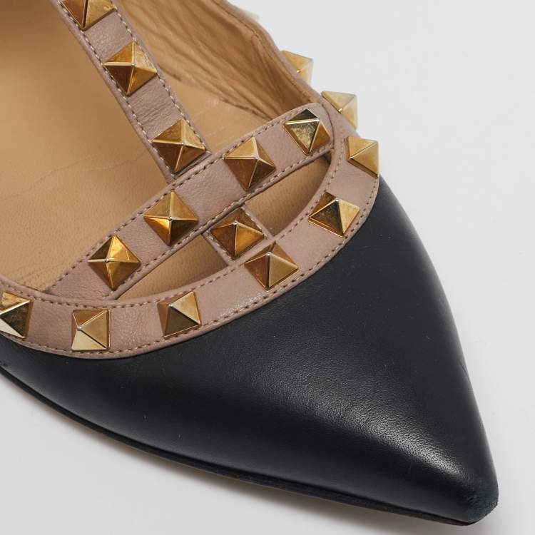 Pre Owned Valentino Black/Pink Leather Rockstud Caged Ballet Flats Size 39