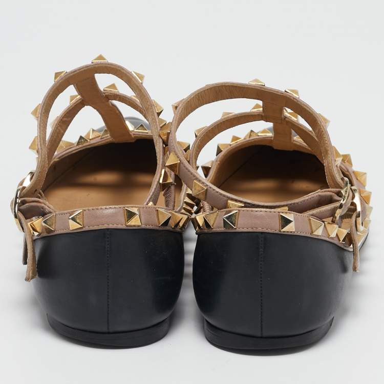 Pre Owned Valentino Black/Pink Leather Rockstud Caged Ballet Flats Size 39