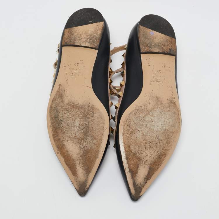 Pre Owned Valentino Black/Pink Leather Rockstud Caged Ballet Flats Size 39