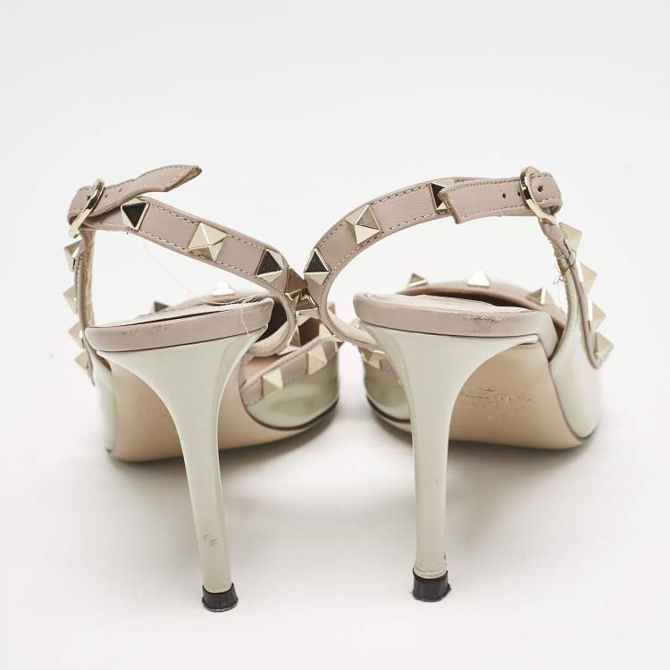Pre Owned Valentino Dusty Pink/Green Patent and Leather Rockstud D'orsay Slingback Pumps Size 37