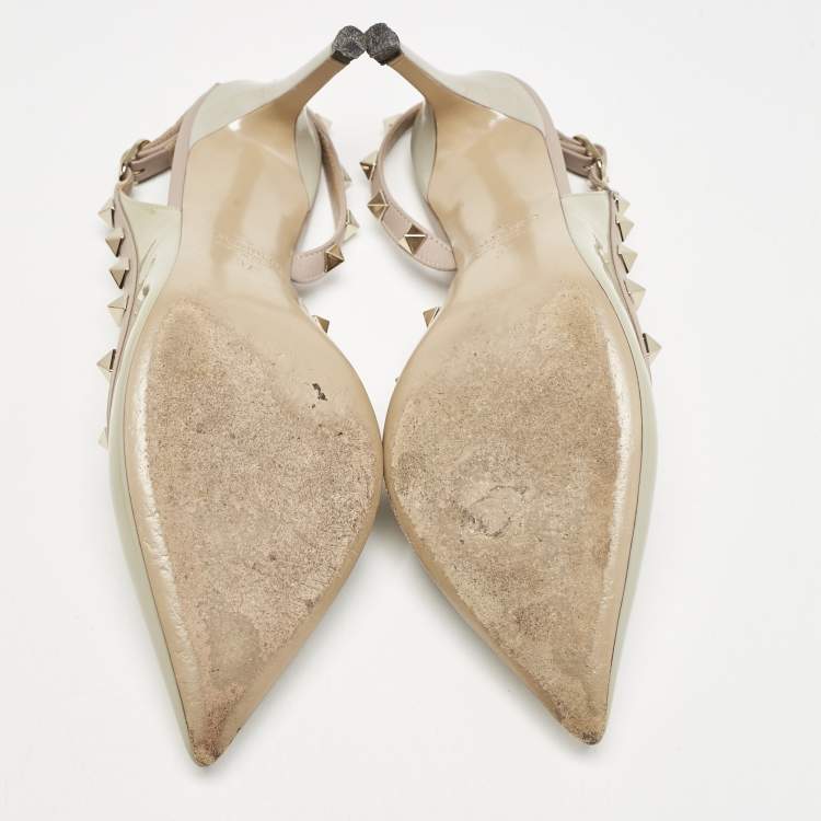 Pre Owned Valentino Dusty Pink/Green Patent and Leather Rockstud D'orsay Slingback Pumps Size 37