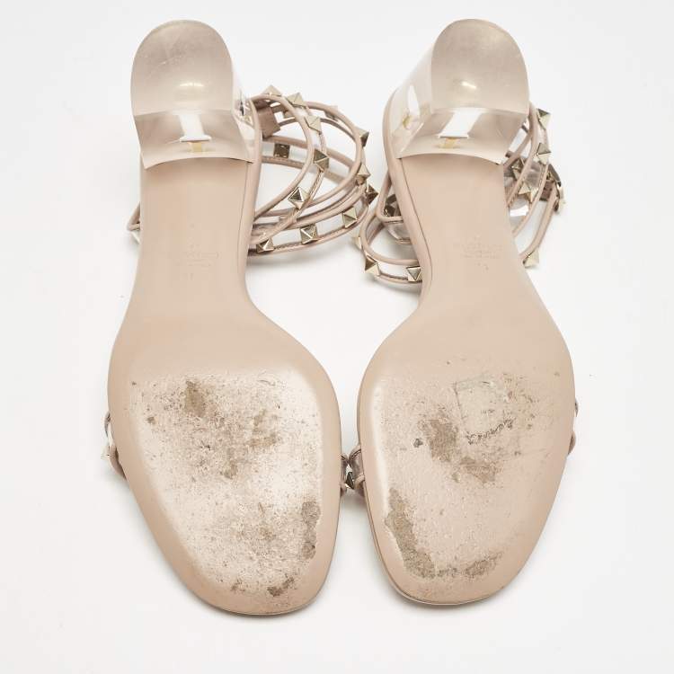 Pre Owned Valentino Blush Pink Leather and PVC Rockstud Ankle Strap Sandals Size 41