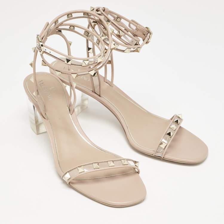 Pre Owned Valentino Blush Pink Leather and PVC Rockstud Ankle Strap Sandals Size 41
