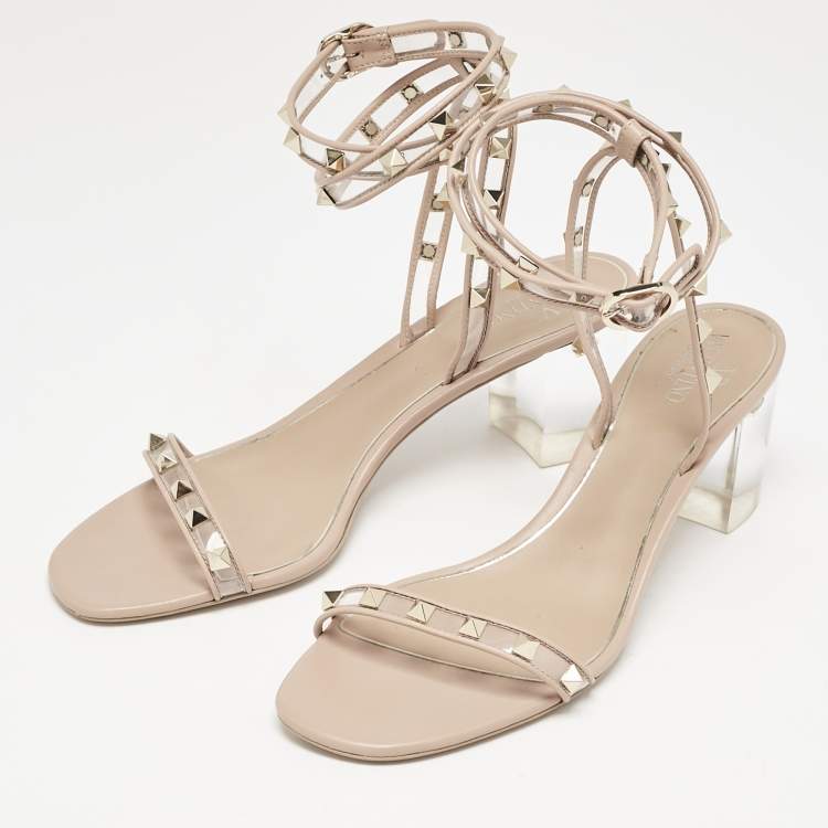 Pre Owned Valentino Blush Pink Leather and PVC Rockstud Ankle Strap Sandals Size 41