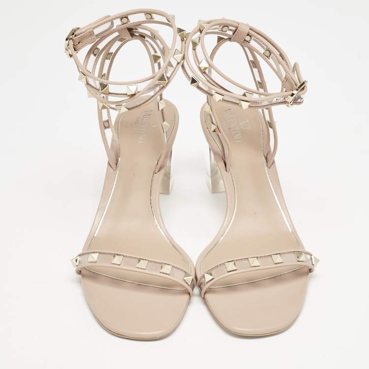 Pre Owned Valentino Blush Pink Leather and PVC Rockstud Ankle Strap Sandals Size 41