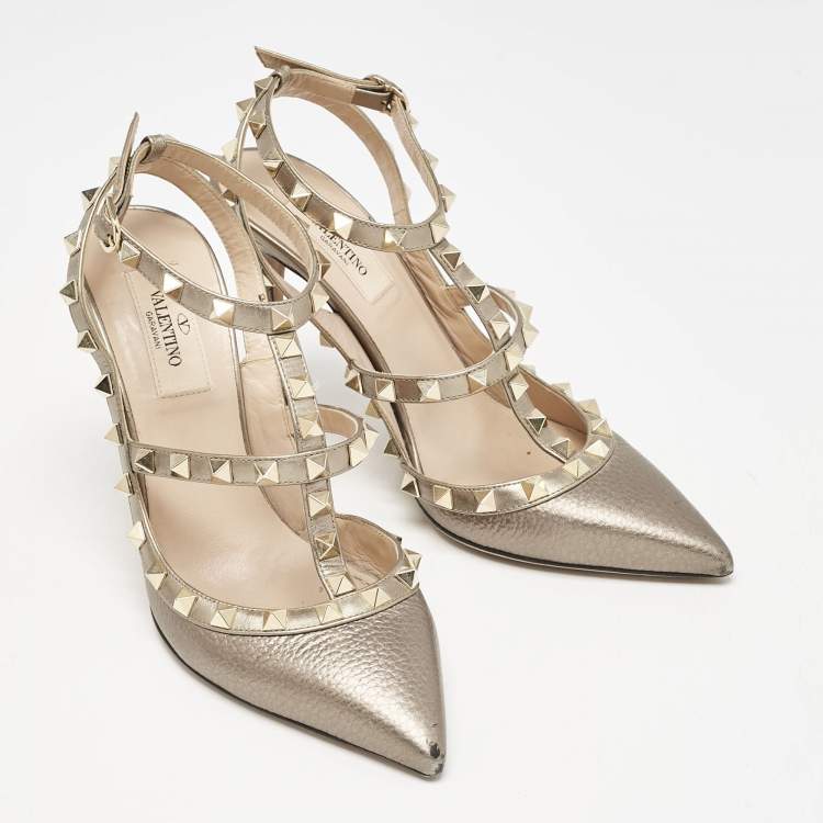 Pre Owned Valentino Metallic Leather Rockstud Caged Pumps Size 37.5