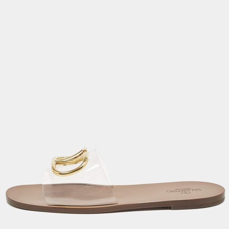Pre Owned Valentino Tranparent PVC VLogo Flat Slides Size 40.5