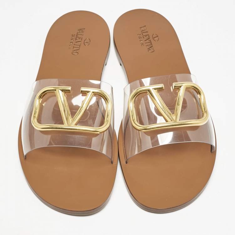 Pre Owned Valentino Tranparent PVC VLogo Flat Slides Size 40.5