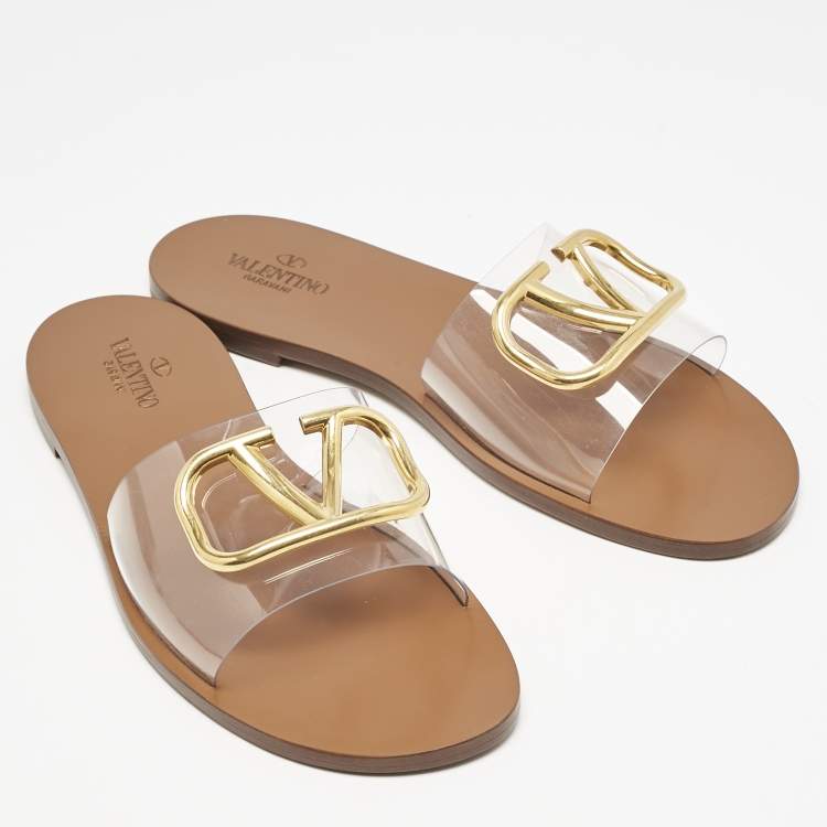Pre Owned Valentino Tranparent PVC VLogo Flat Slides Size 40.5