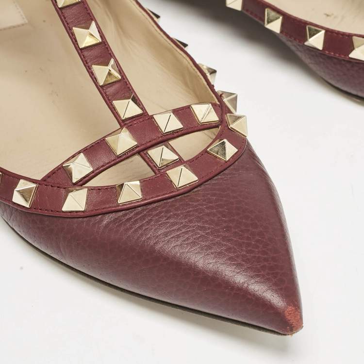 Pre Owned Valentino Burgundy Leather Rockstud Ballet Flats Size 38