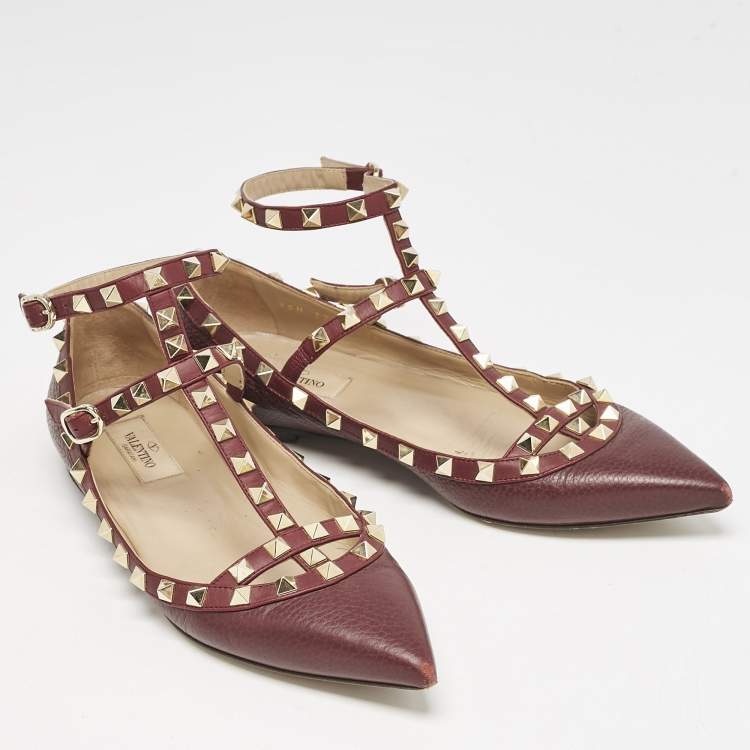 Pre Owned Valentino Burgundy Leather Rockstud Ballet Flats Size 38