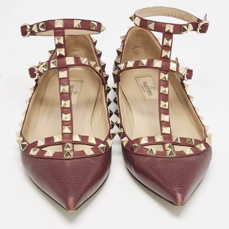 Pre Owned Valentino Burgundy Leather Rockstud Ballet Flats Size 38