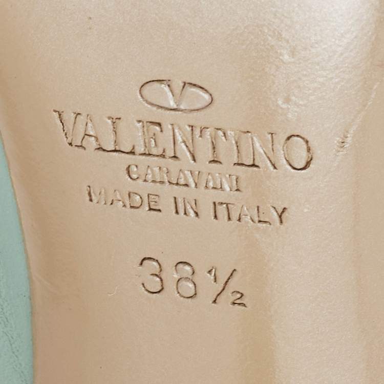 Pre Owned Valentino Light Green Leather Rockstud Ankle Strap Pumps Size 38.5