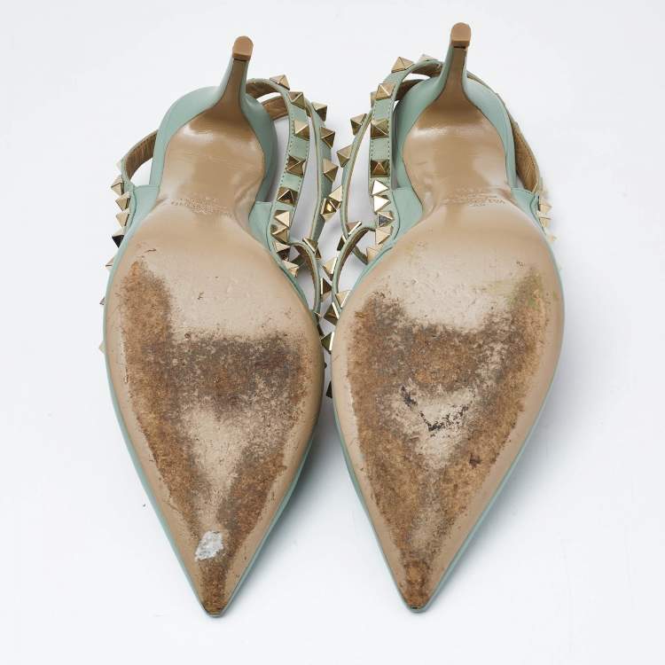 Pre Owned Valentino Light Green Leather Rockstud Ankle Strap Pumps Size 38.5
