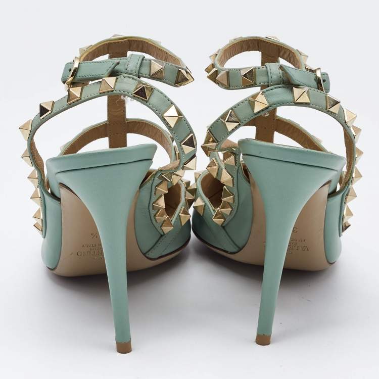 Pre Owned Valentino Light Green Leather Rockstud Ankle Strap Pumps Size 38.5
