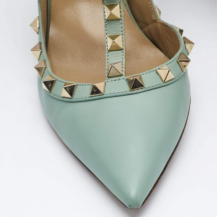 Pre Owned Valentino Light Green Leather Rockstud Ankle Strap Pumps Size 38.5