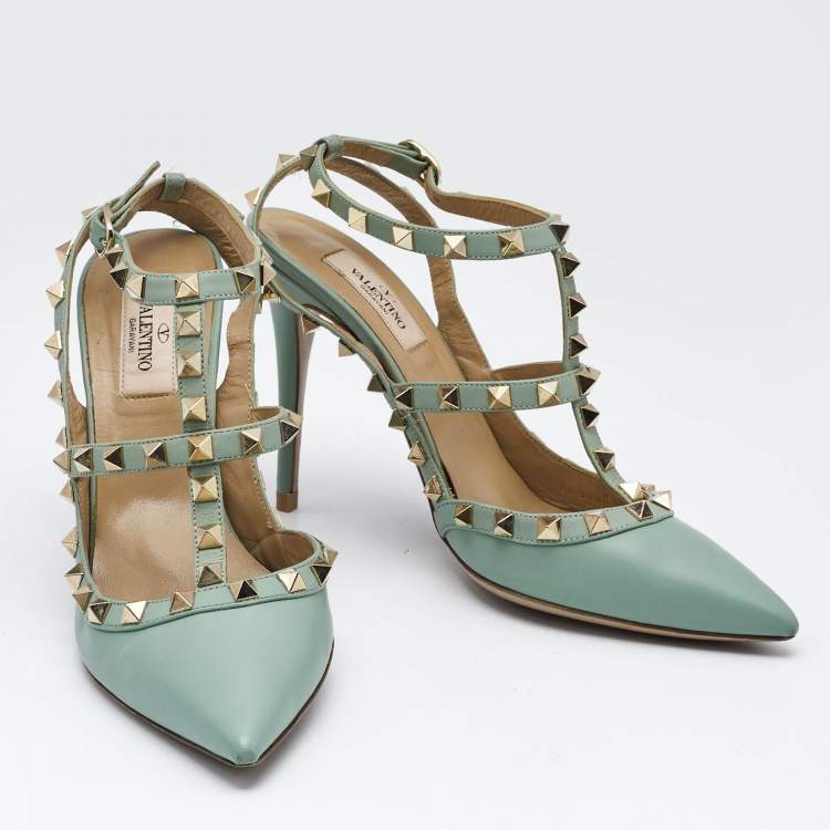 Pre Owned Valentino Light Green Leather Rockstud Ankle Strap Pumps Size 38.5