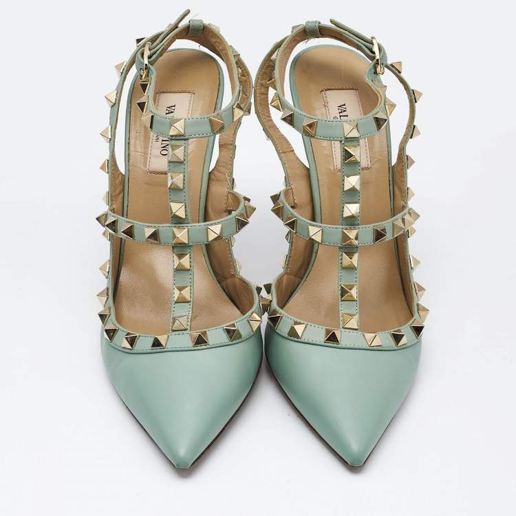 Pre Owned Valentino Light Green Leather Rockstud Ankle Strap Pumps Size 38.5