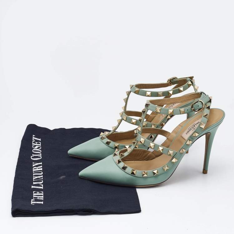 Pre Owned Valentino Light Green Leather Rockstud Ankle Strap Pumps Size 38.5