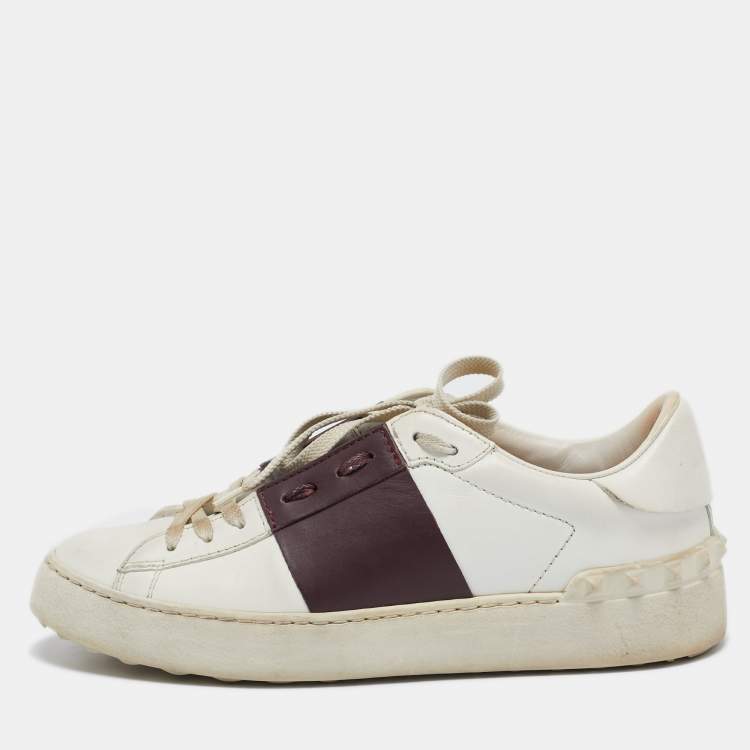Pre Owned Valentino White and Burgundy Leather Open Low Top Sneakers Size 37