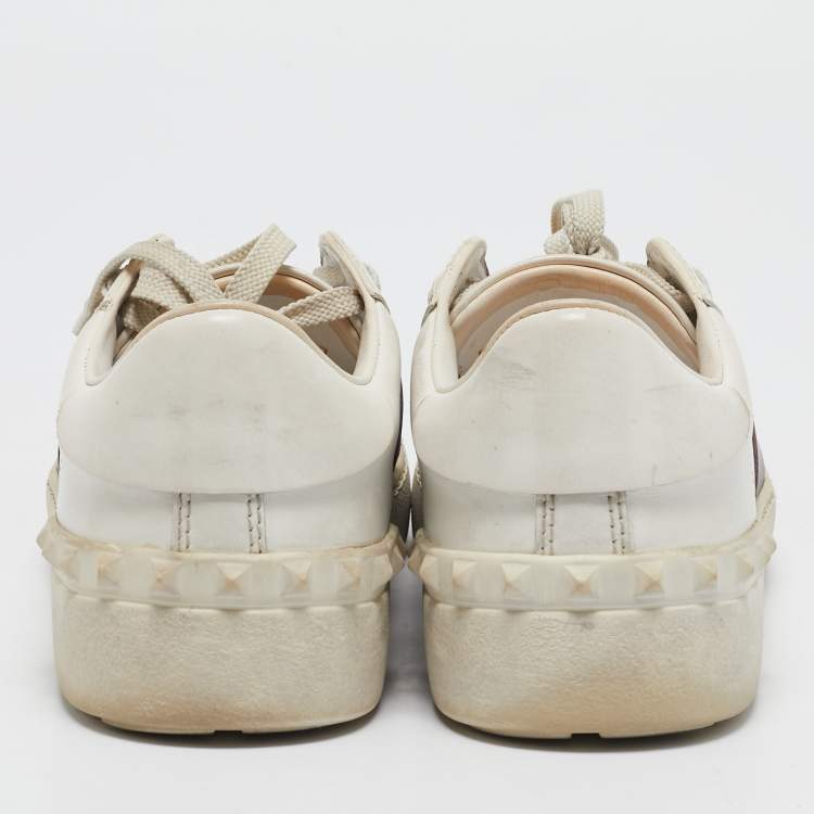 Pre Owned Valentino White and Burgundy Leather Open Low Top Sneakers Size 37