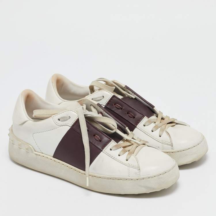 Pre Owned Valentino White and Burgundy Leather Open Low Top Sneakers Size 37