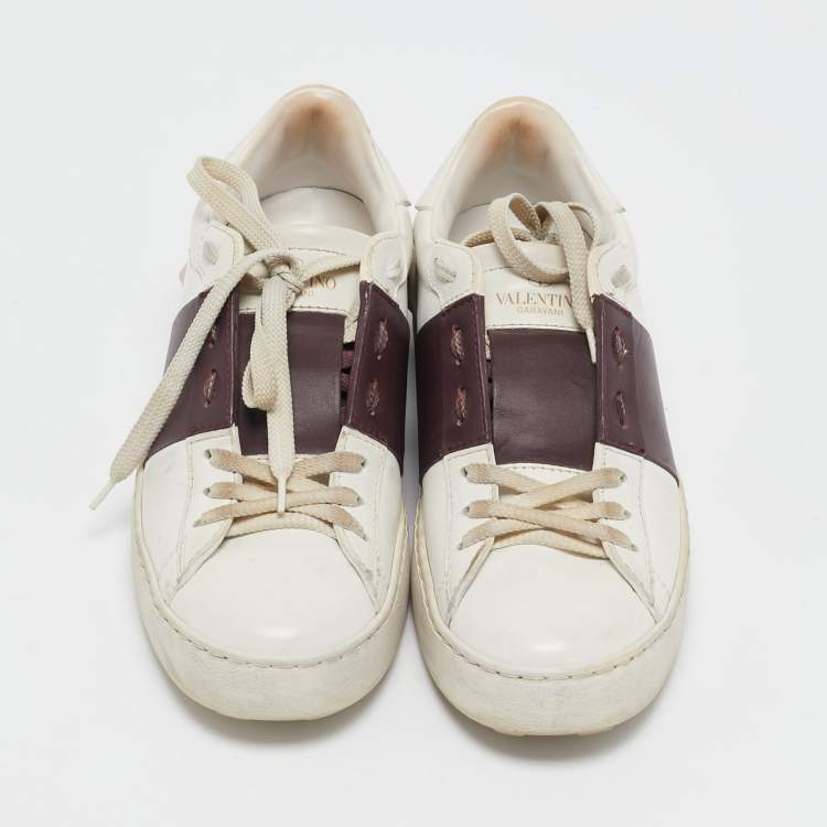 Pre Owned Valentino White and Burgundy Leather Open Low Top Sneakers Size 37