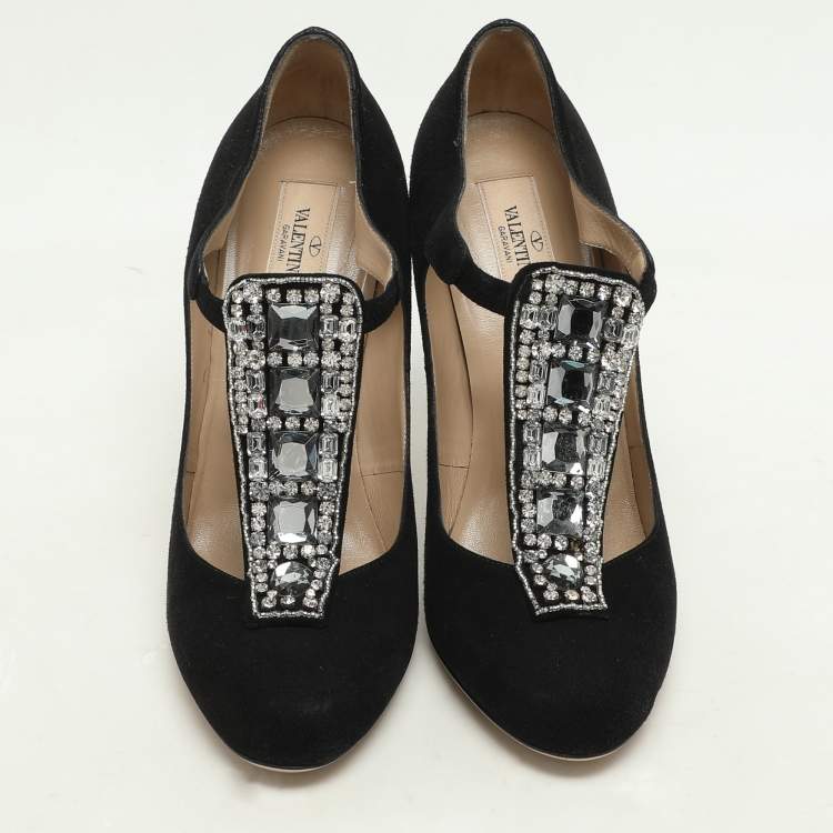 Pre Owned Valentino Black Suede Crystal Embellished Pumps Size 40